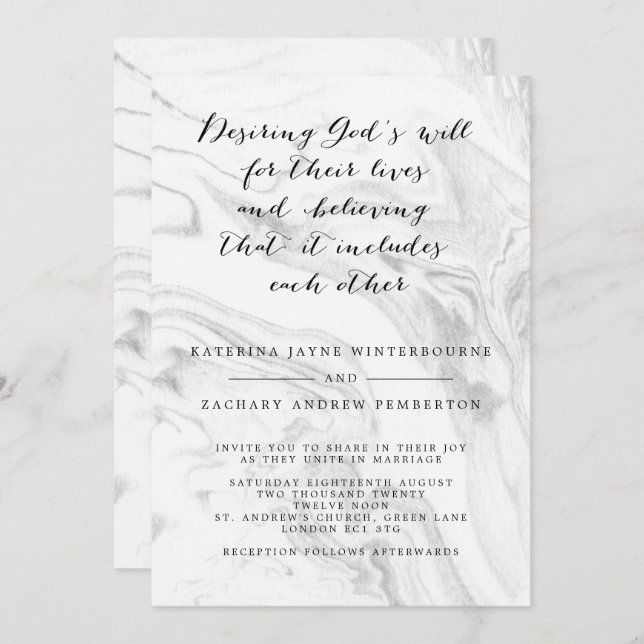 Christian Marble Elegant Script Wedding Invitation (Front/Back)