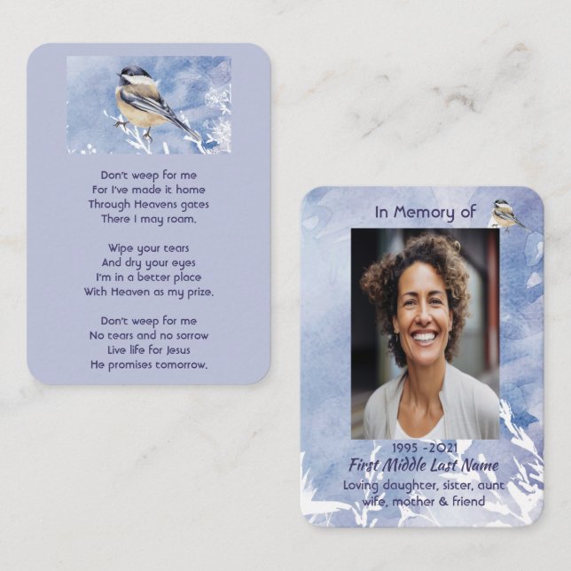 Christian Memorial Chickadee Bird Winter Snow Tree Business Card (Front/Back)