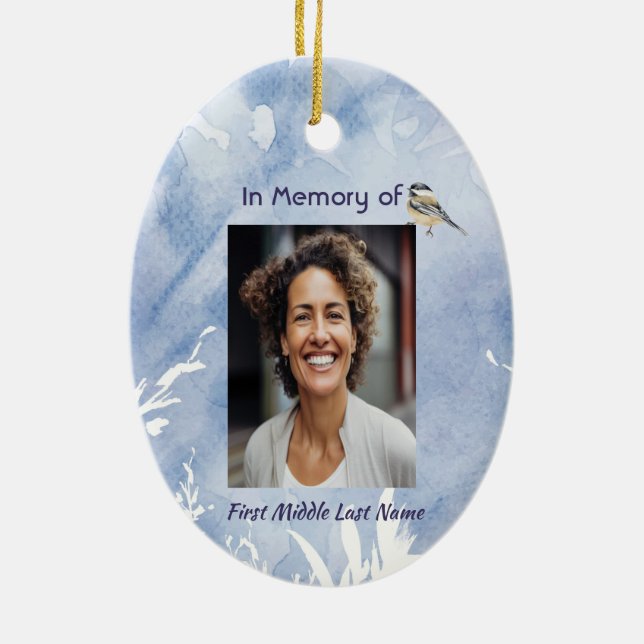 Christian Memorial Chickadee Bird Winter Snow Tree Ceramic Ornament (Back)