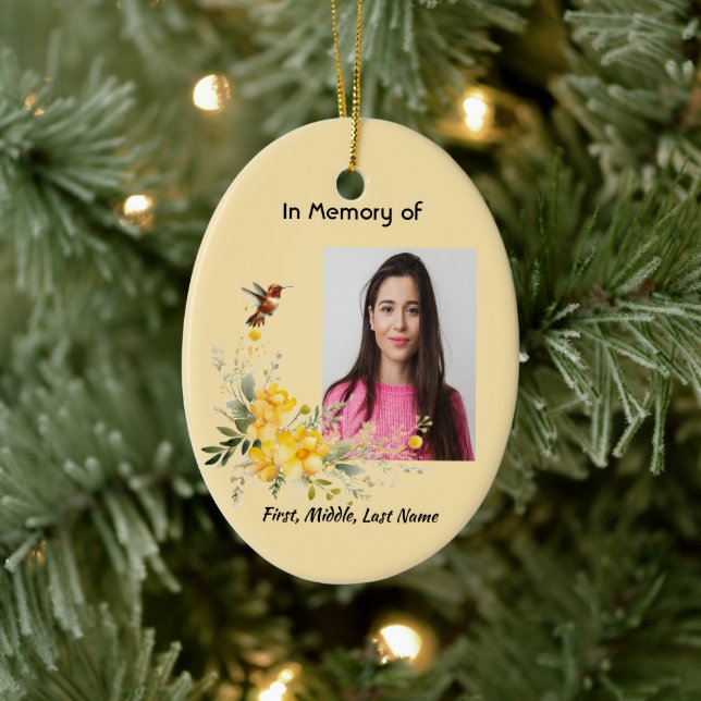 Christian Memorial  Hummingbird Yellow Roses  Ceramic Ornament (Tree)