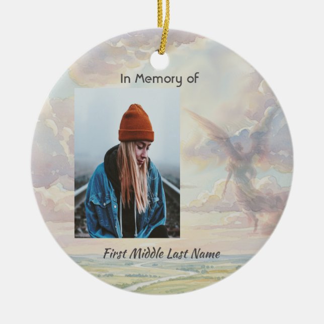 Christian Memorial Keepsake Angel Sky Clouds Ceramic Ornament (Front)