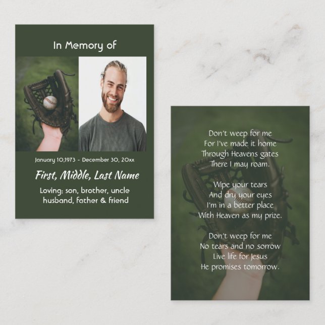 Christian Memorial Keepsake Baseball Game Player Business Card (Front/Back)