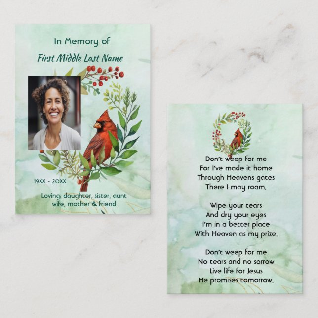 Christian Memorial keepsake Cardinal Bird Business Card (Front/Back)
