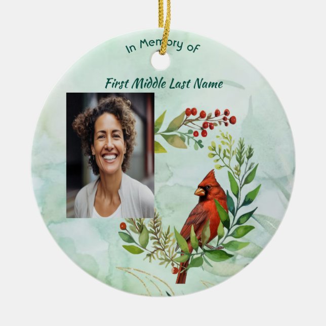 Christian Memorial keepsake Cardinal Bird Ceramic Ornament (Front)