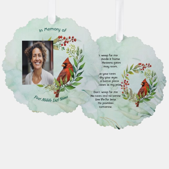 Christian Memorial Keepsake Cardinal Bird Tree Decoration Card (Front/Back)