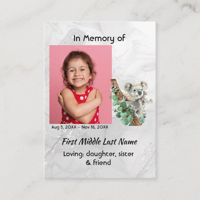 Christian Memorial Keepsake Cute Koala Children Business Card (Front)