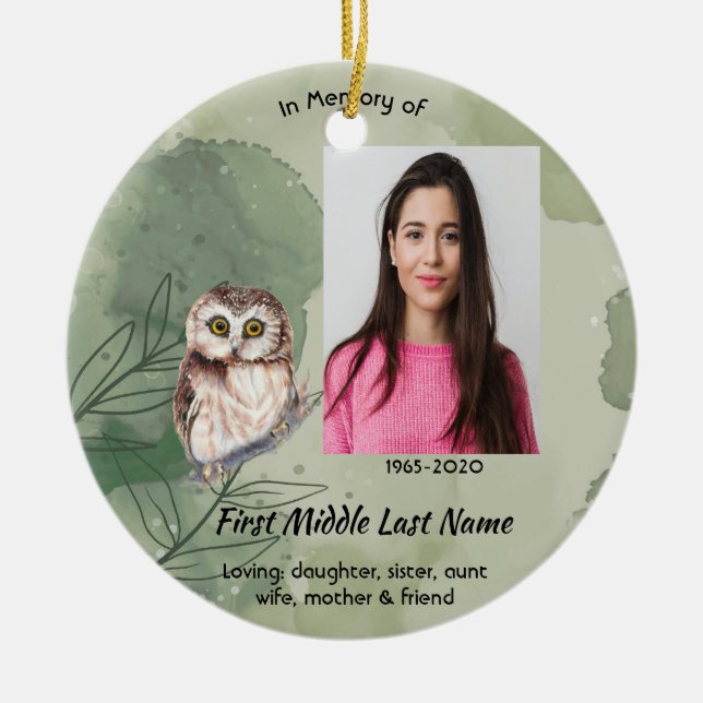 Christian Memorial Keepsake Cute Owl Bird Ceramic Ornament (Front)