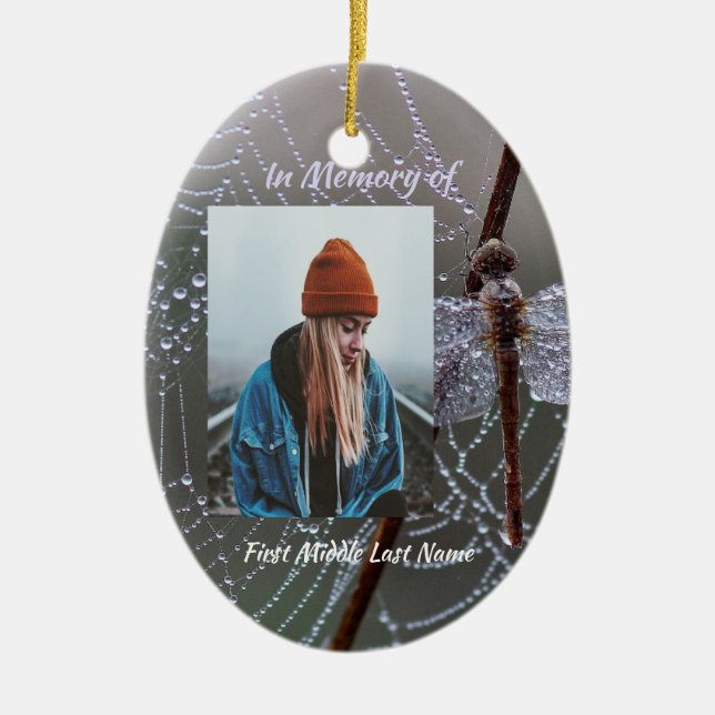 Christian Memorial Keepsake Dragonfly Dewdrops Ceramic Ornament (Front)