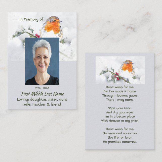 Christian Memorial Keepsake English Robin Bird Business Card (Front/Back)