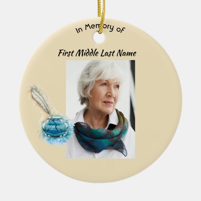 Christian Memorial Keepsake Feather Pen  Ceramic Ornament (Front)