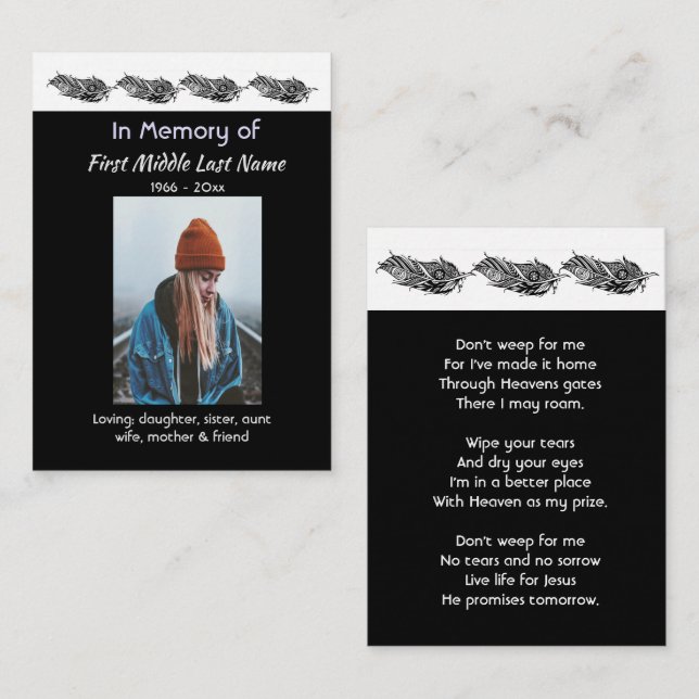 Christian Memorial Keepsake Feather Tribal Boho  Business Card (Front/Back)