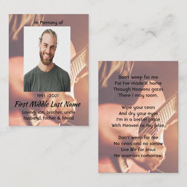 Christian Memorial Keepsake Musician Piano Guitar  Business Card (Front/Back)