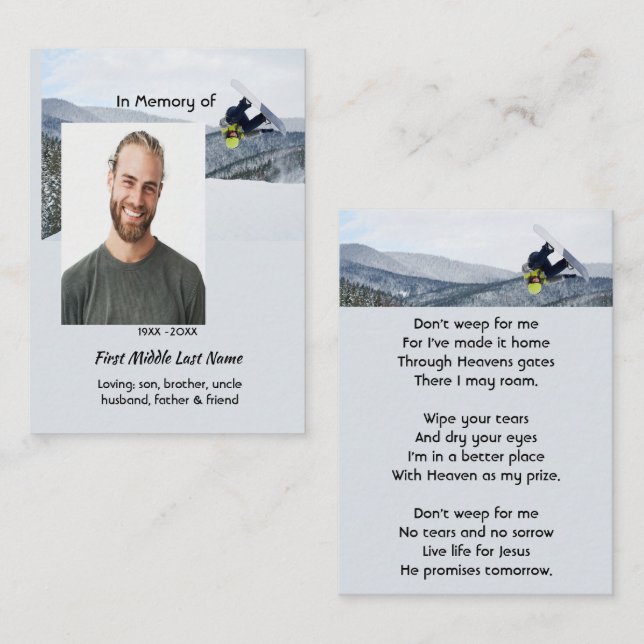 Christian Memorial Keepsake Snowboarding Winter Calling Card (Front/Back)