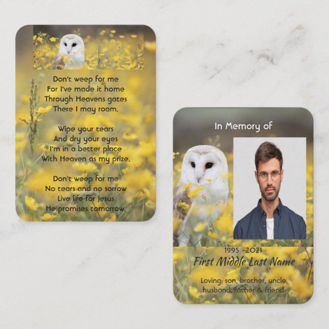 Christian Memorial Photo Barn Owl Bird  Business Card (Front/Back)