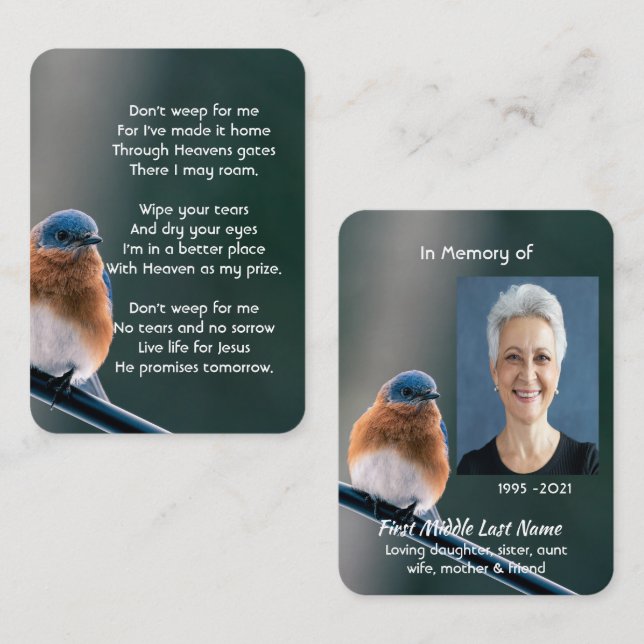 Christian Memorial Photo Bluebird Garden Bird  Business Card (Front/Back)
