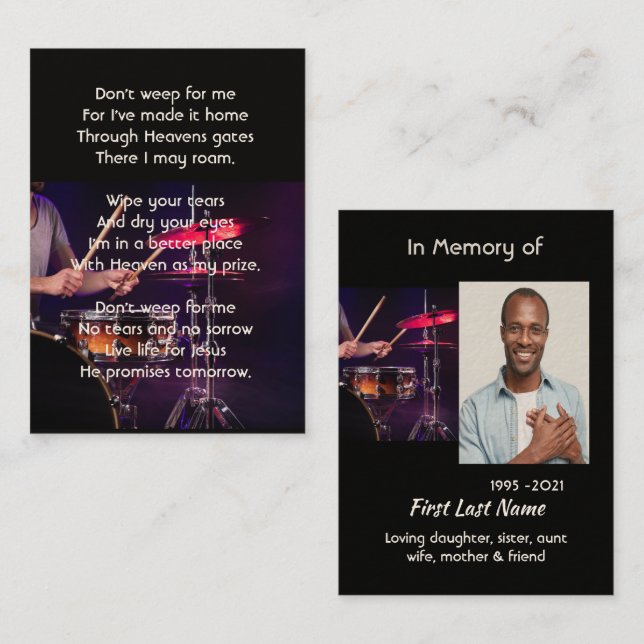 Christian Memorial Photo  Drummer Drums Band  Business Card (Front/Back)