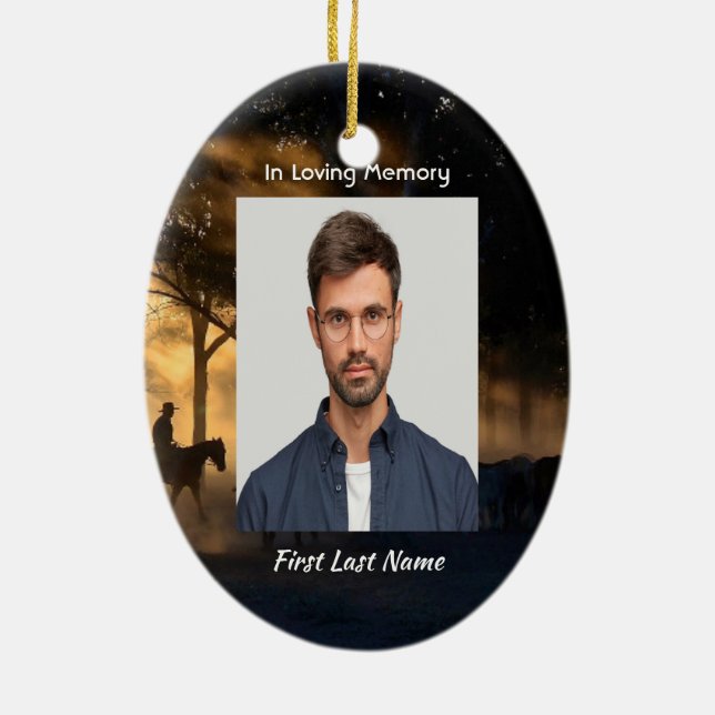 Christian Memorial Photo Forest Trail Walk Horses Ceramic Ornament (Back)