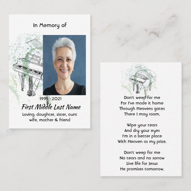 Christian Memorial Photo Prayer Piano Musician Business Card (Front/Back)