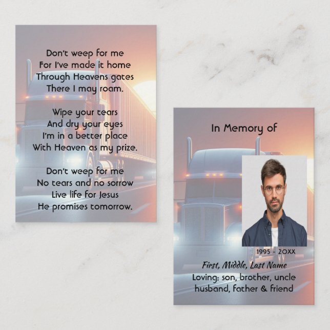 Christian Memorial Semi-Truck Tractor-trailer  Business Card (Front/Back)