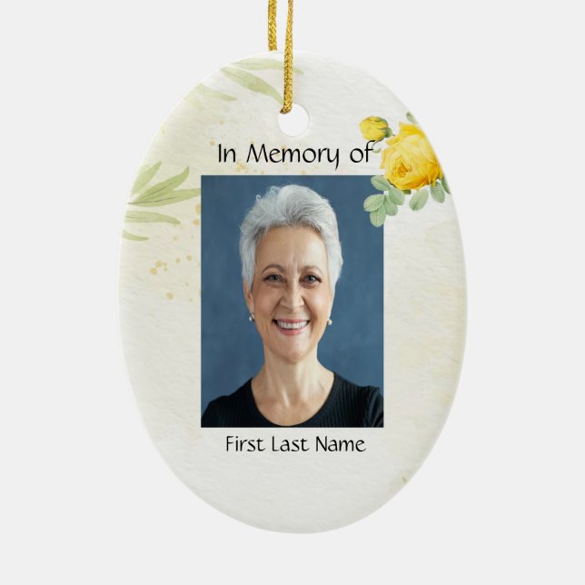 Christian Memory Photo Yellow Roses Garden Flowers Ceramic Ornament (Back)