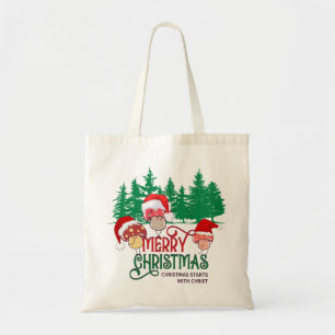 Christian MERRY CHRISTMAS MUSHROOMS in Forest Tote Bag