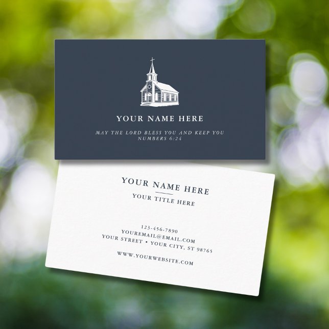 Christian Minister Simple Country Church Logo Navy Business Card (Creator Uploaded)