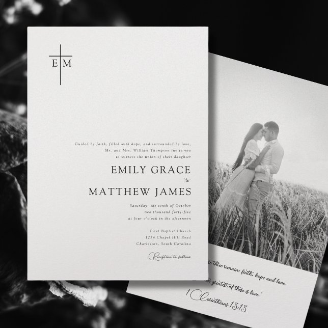 Christian Modern Minimal Monogrammed Cross Photo  Invitation (Creator Uploaded)