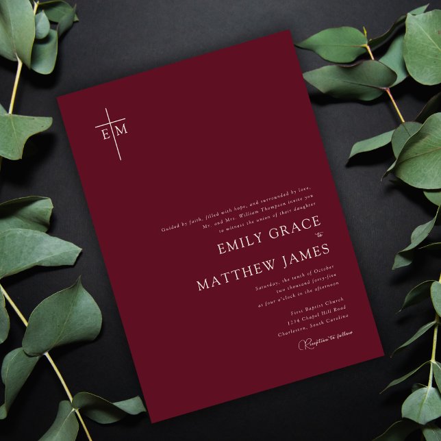 Christian Monogrammed Cross Minimalist Burgundy Invitation (Creator Uploaded)