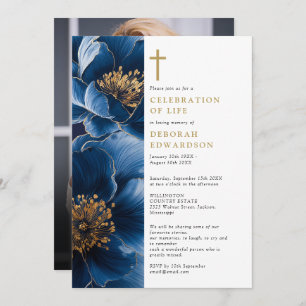 Christian Navy Blue Celebration Of Life Photo Invitation