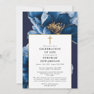 Christian Navy Blue Floral Celebration Of Life Invitation