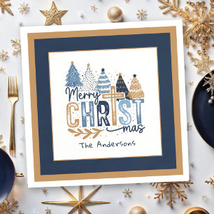 Christian Navy Blue Tree Name Modern Christmas Napkin