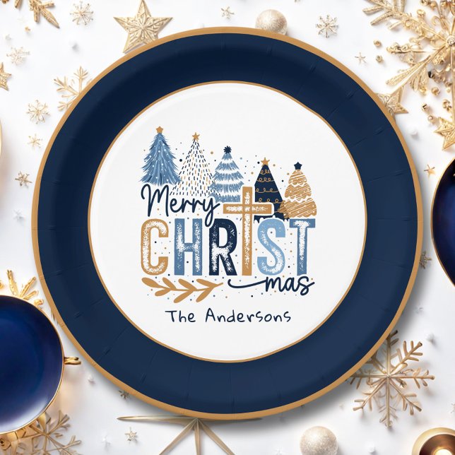 Christian Navy Blue Trees Name Modern Christmas Paper Plate (Christian Navy Blue Trees Name Modern Christmas Paper Plates)