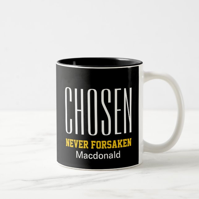 Christian NEVER FORSAKEN Inspirational BLACK Two-Tone Coffee Mug (Right)