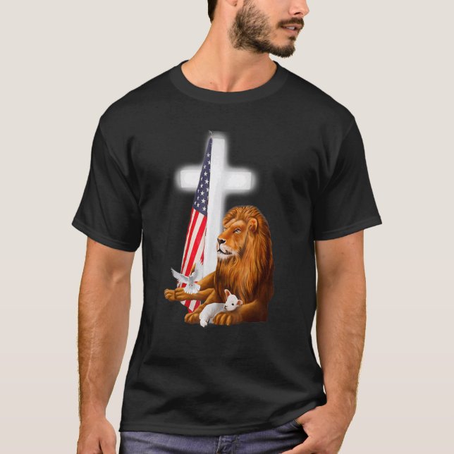 Christian Patriotic Lion And Lamb Cross Sheep Dove T-Shirt (Front)
