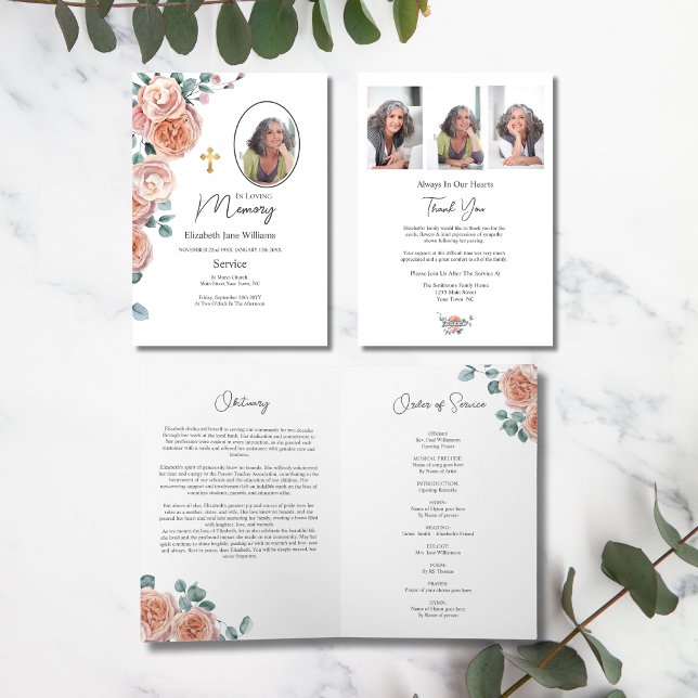 Christian Peach Rose Funeral Order of Service  Card (Creator Uploaded)