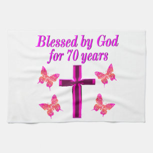 CHRISTIAN PINK 70TH BIRTHDAY CROSS DESIGN TEA TOWEL