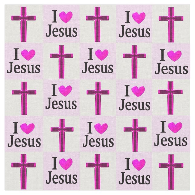 CHRISTIAN PINK CROSS I LOVE JESUS FABRIC (Close Up)