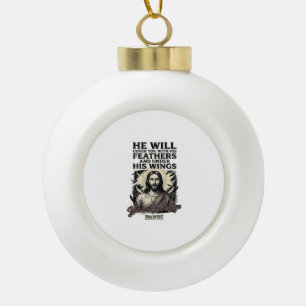 Christian Psalm 91_4 Jesus Vintage Engraving Shirt Ceramic Ball Christmas Ornament