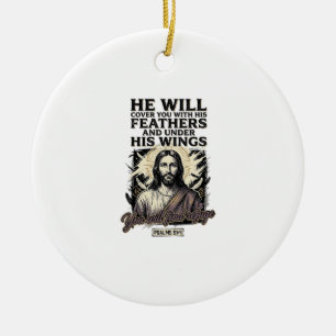 Christian Psalm 91_4 Jesus Vintage Engraving Shirt Ceramic Ornament