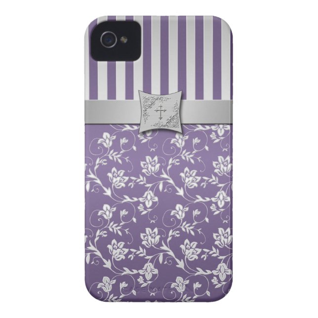 Christian Purple and Silver Floral Stripes Case-Mate iPhone Case (Back)