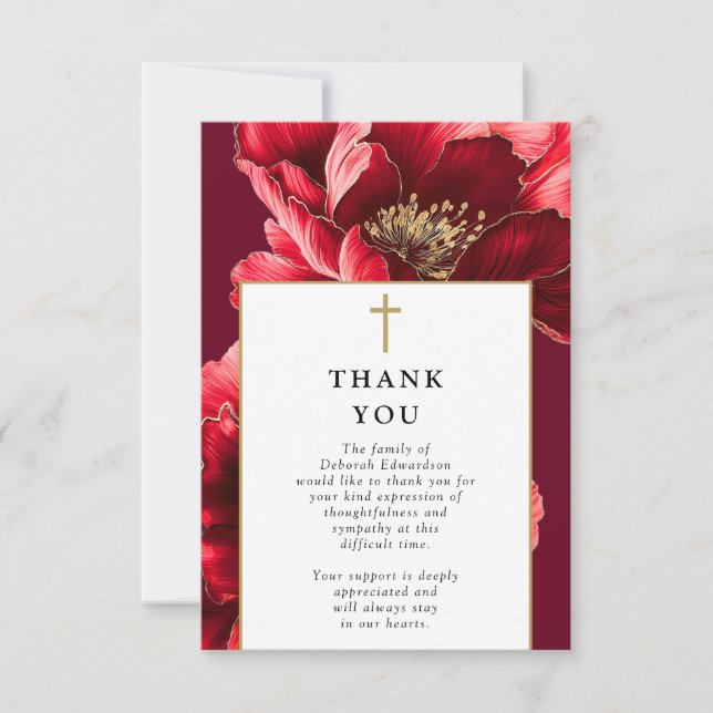 Christian Red Elegant Celebration Of Life Funeral Thank You Card (Front)
