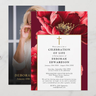 Christian Red Elegant Celebration Of Life Photo Invitation