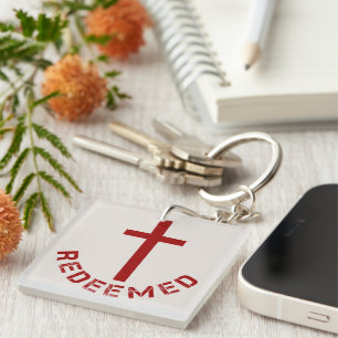 Christian Redeemed Red Cross and Text Design Key Ring