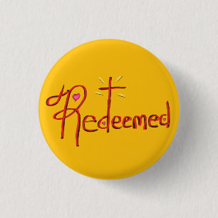 Christian ‘Redeemed’ with Cross and Hearts Yellow 3 Cm Round Badge