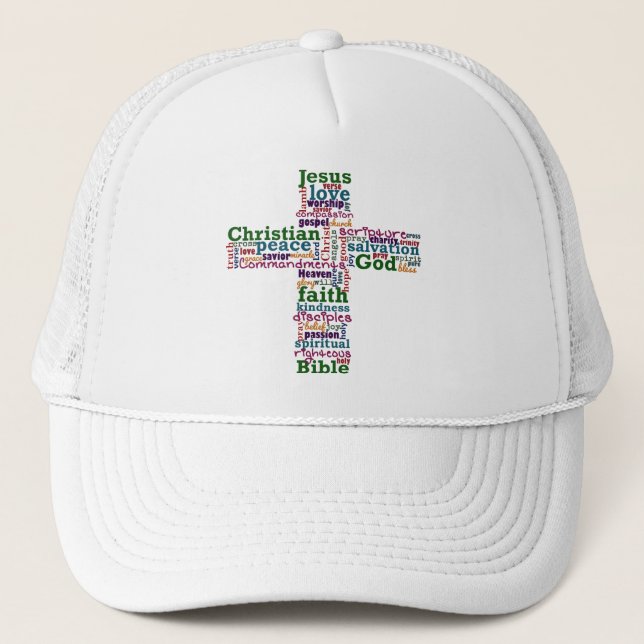 Christian Religious Word Art Cross Trucker Hat (Front)