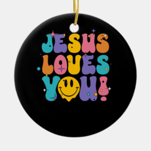 Christian Retro Jesus Loves You Religious Faith Go Ceramic Ornament