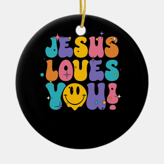 Christian Retro Jesus Loves You Religious Faith Go Ceramic Ornament (Front)
