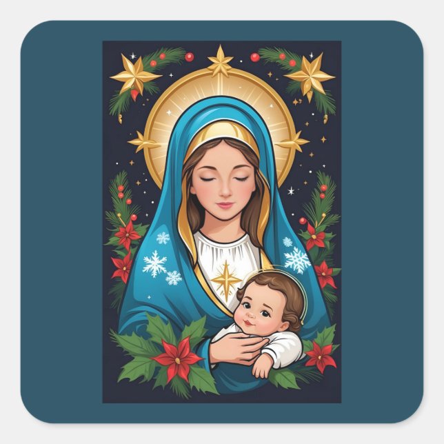 Christian Roman Catholic Virgin Mary Christmas Square Sticker (Front)