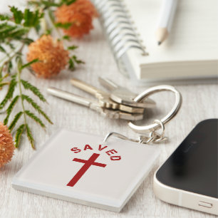 Christian Saved Red Cross and Text Design Key Ring