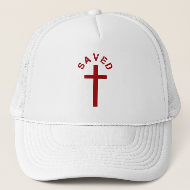 Christian Saved Red Cross and Text Design Trucker Hat (Front)